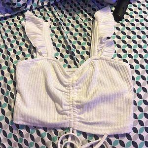 shein white crop top, ruffle arms, ties in the front